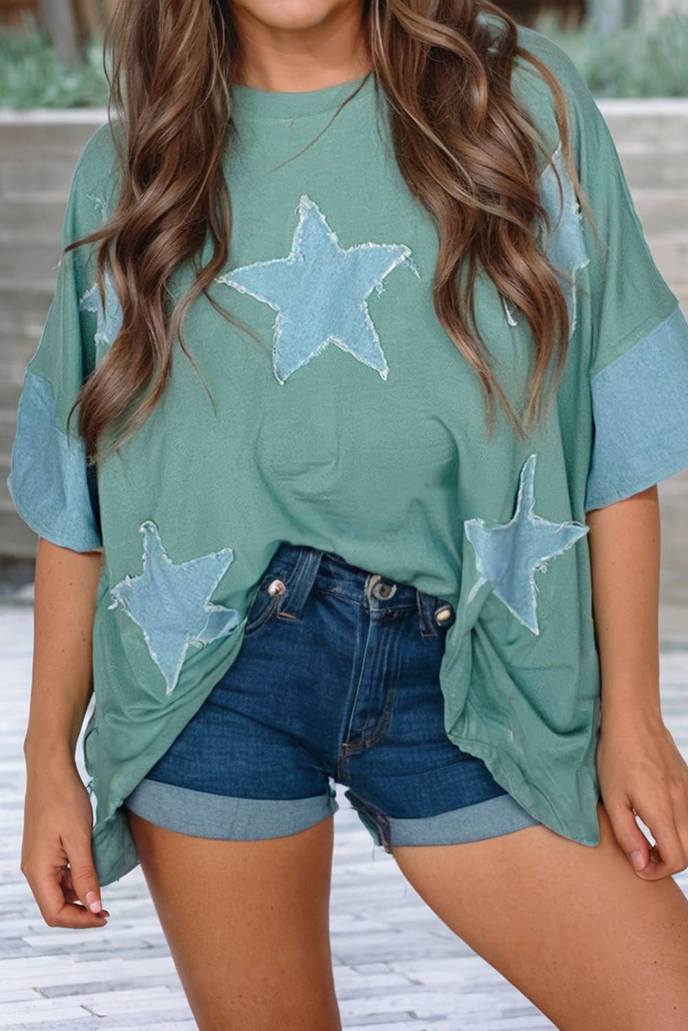 LDC Frayed Star Denim Patchwork Oversize T Shirt